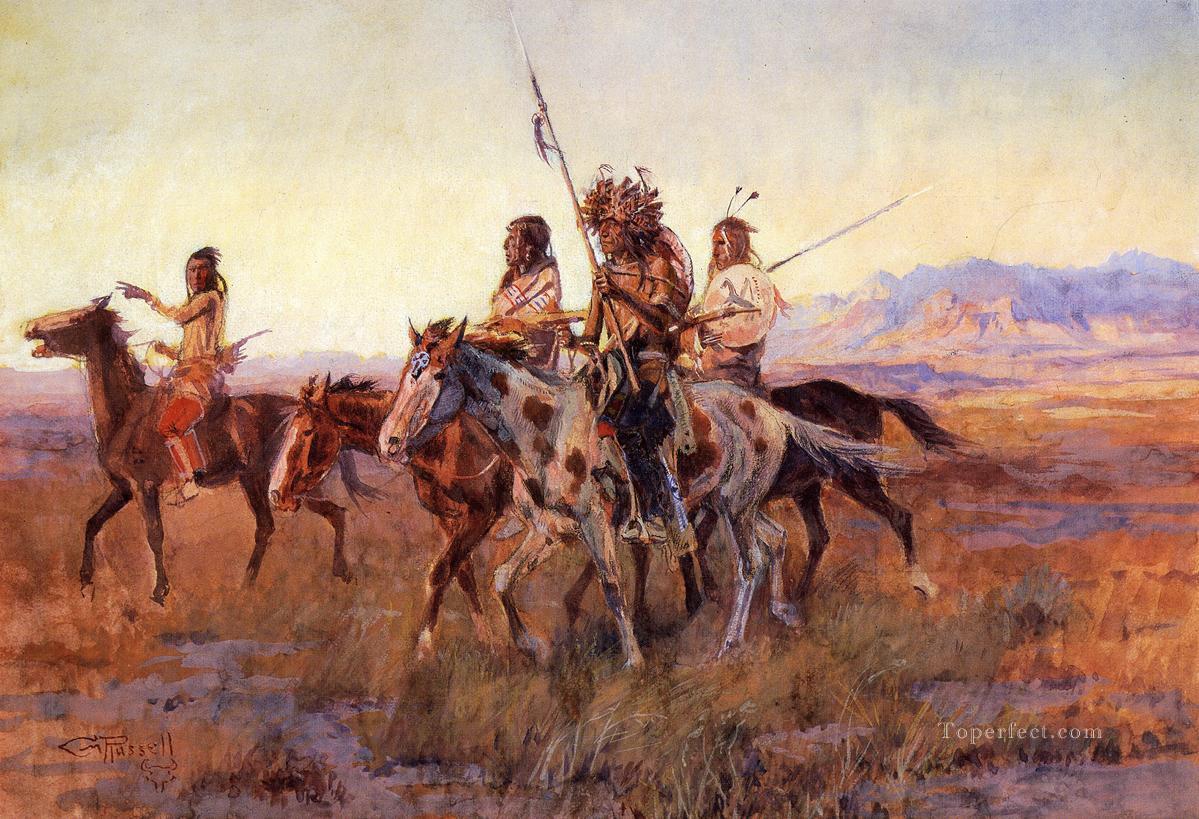 Four Mounted Indians Charles Marion Russell circa 1914 Indians Charles Marion Russell Indiana Oil Paintings